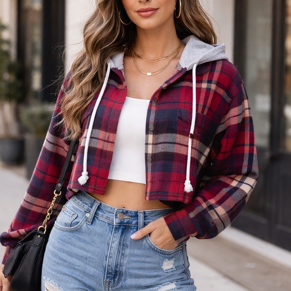 American Eagle Outfitters Tops - American Eagle Hooded Plaid Flannel Shirt Cropped Red Layered Hoodie S